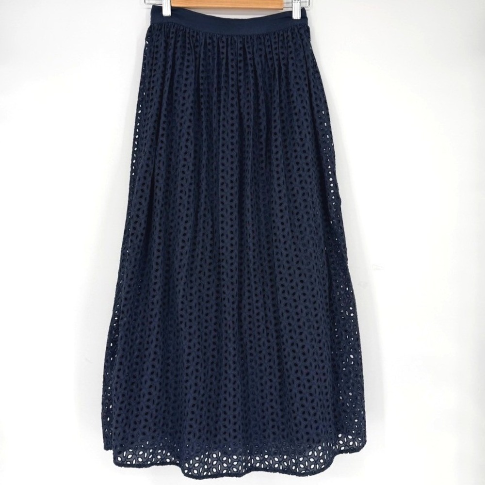 HM Navy Blue‎ Eyelet Maxi Skirt 100 Cotton Lined Boho Summer Womens Size 2 Lace